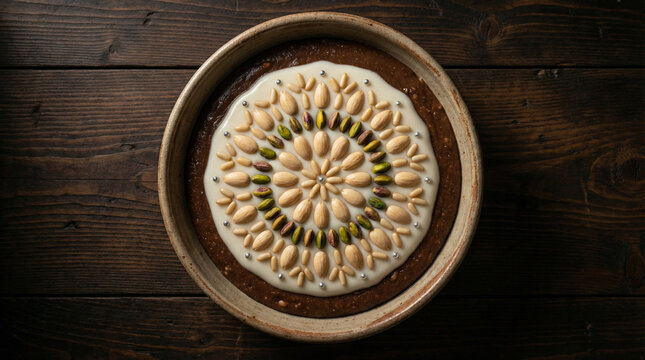 Top-Down View of Traditional Tunisian Assidat Zgougou Dessert with Nuts