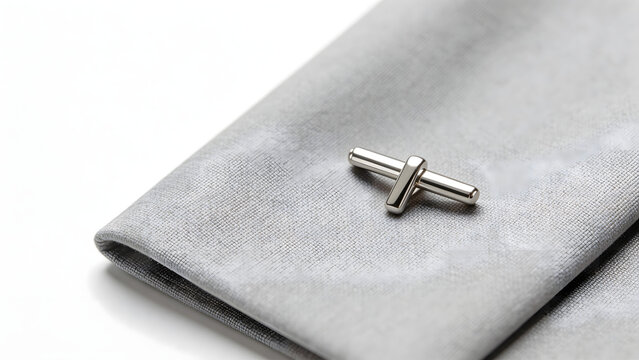 Silver cufflink on gray fabric