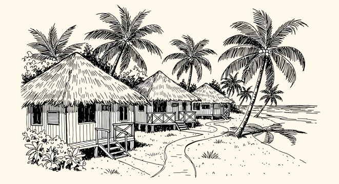 Tropical beach scene with hut houses and palm trees in an ink sketch vector illustration