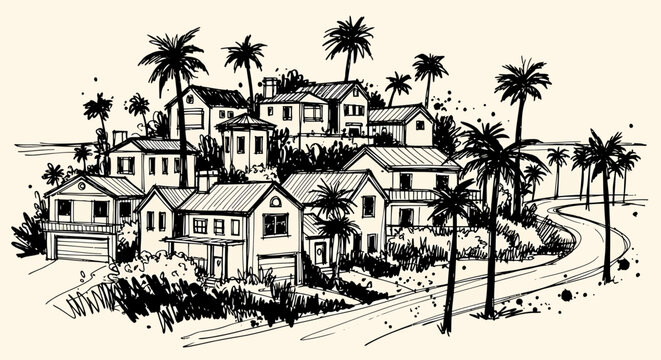 Ink sketch vector illustration of a serene neighborhood with palm trees and houses on a hill.