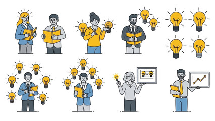 Fototapeta premium Collection of hand-drawn illustrations depicting people with glowing lightbulbs, symbolizing ideas and innovation.