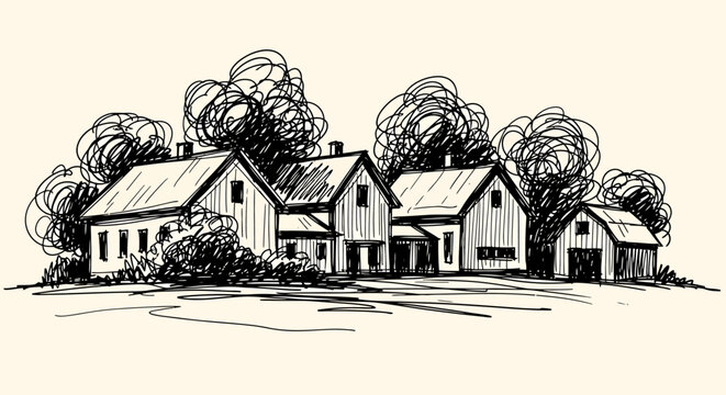 Ink sketch vector illustration of a serene countryside farm with rustic houses and barns surrounded by trees.