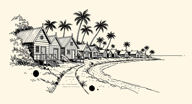 Ink sketch vector illustration of a serene beachside village with palm trees and winding pathway.