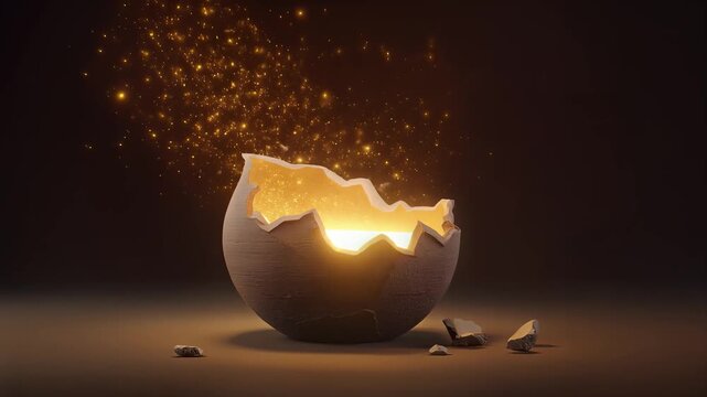 Cracked Eggshell Releasing Glowing Golden Sparks and Light, Symbolizing New Beginnings, Creation, an