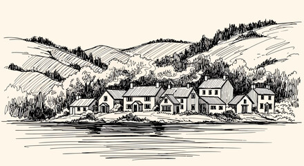 Fototapeta premium Ink sketch vector illustration of a serene village by a lake with rolling hills and trees
