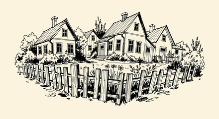 Naklejka premium An ink sketch vector illustration of houses behind a wooden fence in a rural landscape setting.