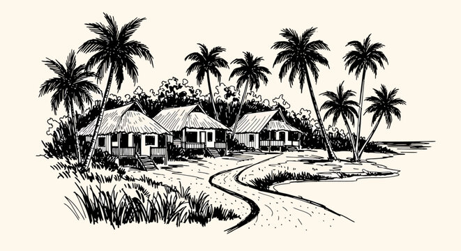 A serene ink sketch vector illustration of palm trees surrounding cozy houses along a winding path.