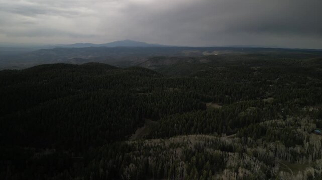 Aerial of stormy sky above Lincoln National Forest Cloudcroft New Mexico in spring