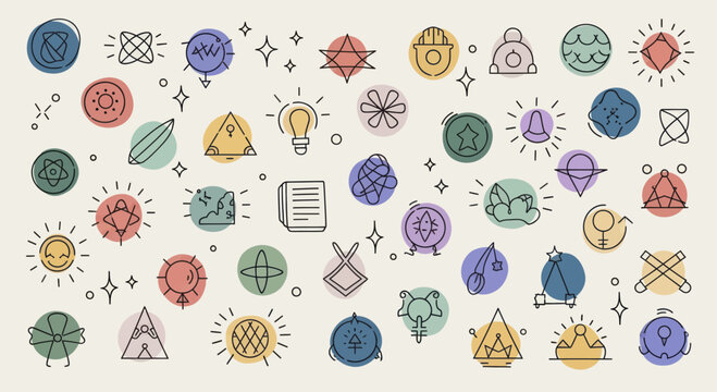 Collection of Diverse Hand-Drawn Icons and Symbols with Watercolor Accents.