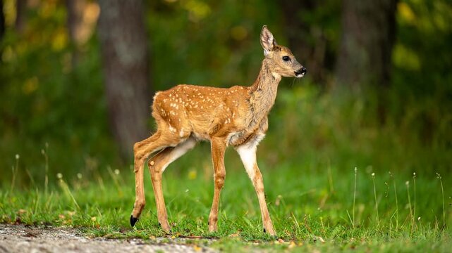 森の緑を背景に細い脚でそっと歩く白い斑点のある子鹿の横顔