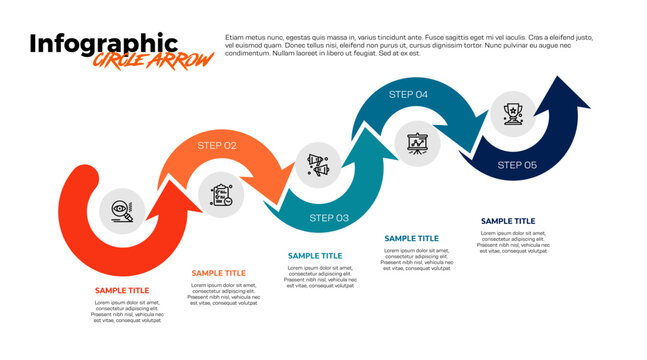 Infographic arrow circle 5 option steps for business profit presentations or visual communication. Editable vector illustration.