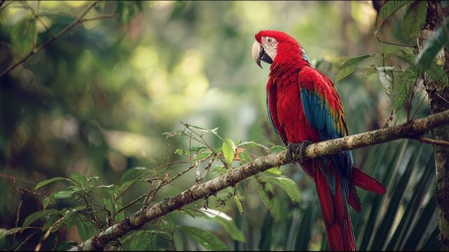 red parrot sitting on a tree branch in a tropical forest