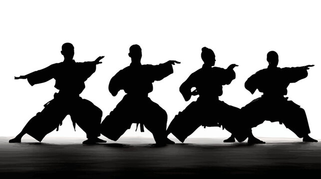 Group of Martial Artists in Synchronized Kata Positions Demonstrating Discipline and Precision