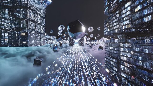 Abstract digital cityscape with glowing cubes and futuristic architectural structures