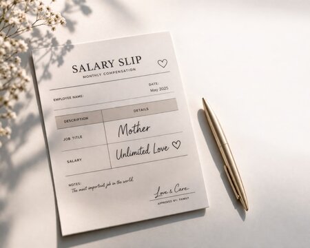 Conceptual salary slip showing the job title Mother with salary listed as Unlimited Love symbol the emotional value of motherhood. Minimal background, copy space. Family, parenting and appreciation.