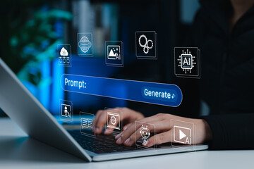 Prompt Engineering and AI Content Generation Concept. Person using laptop with prompt, AI, media, chatbot, and automation icons representing content creation, smart generation, and digital workflow © Sandwish