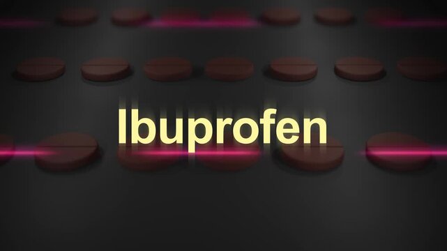 Typography over Chewable Pills on Conveyor Belt - Ibuprofen