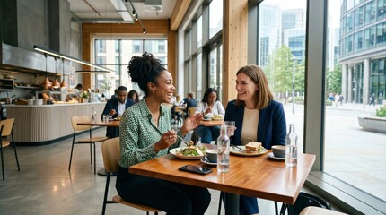 Two Diverse Businesswomen Laughing and Enjoying a Healthy Lunch Meeting in a Modern City Restaurant © Alvaro