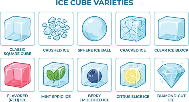 A detailed vector illustration showcasing a comprehensive assortment of various ice cube types and shapes, perfect for enhancing refreshing drinks, beverages, and cocktail presentations