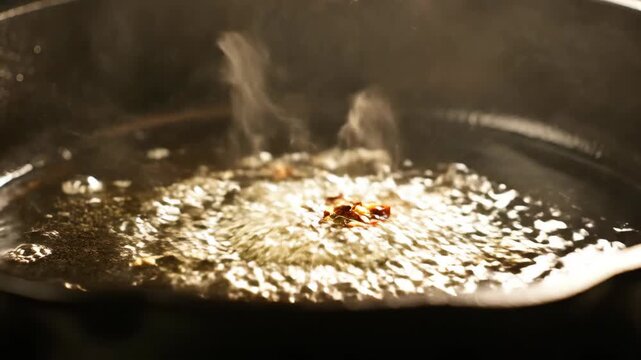 Close up of spices sizzling in hot oil in a pan.
