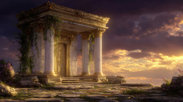 Space universe exploration, fantasy. A vivid portrayal of an ancient temple, set against a dramatic sunset sky. The temple, intricately designed with columns and a central pediment.