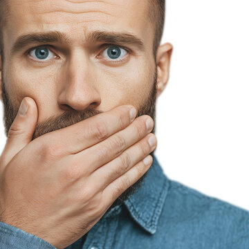 Close-Up of Bearded Man with Blue Eyes Covering Mouth in Shock, Surprise, or Secrecy, Wearing Denim Shirt Isolated on Plain White Background