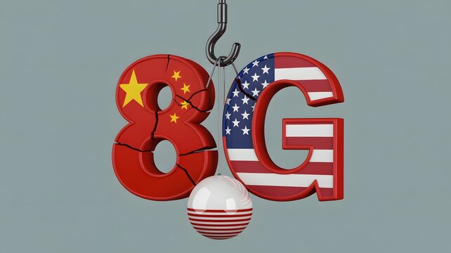 8G network technology competition between China and USA, 3D illustration of cracked 8G letters with national flags, global telecommunications race and geopolitical tension in mobile data