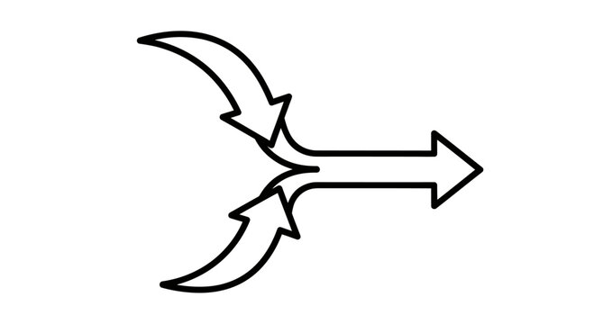 Simple black and white graphic of two curved arrows merging into one