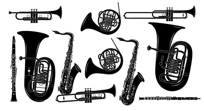 Black Silhouette Musical Instruments Collection - Brass and Woodwind Instruments