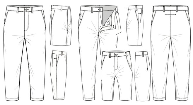 Fashion Flat Sketch: Men's Trousers, Multiple Views - Front, Back, Side, Detail