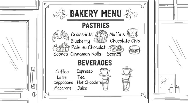 Bakery Menu Board with Pastries and Beverages Hand-Drawn Sketch