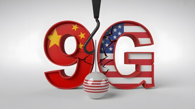 Geopolitical 9G network competition concept featuring cracked 3D text with China and USA flags, global telecommunications trade war illustration, futuristic mobile technology race and digital