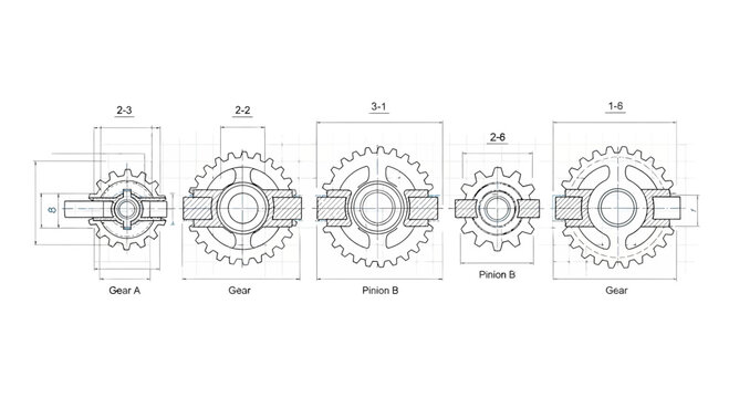 Technical Drawings of Gears and Sprockets: Engineering Blueprints