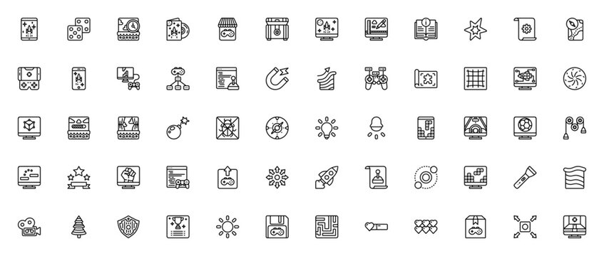 Game development icon set. Vector icons pack for video game design. Includes symbols for level, controller, programming, map, terrain, mechanics, trophy and more. Editable stroke.