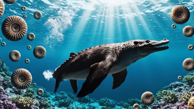 Prehistoric Mosasaurus Swimming in Ancient Ocean with Ammonite Fossils