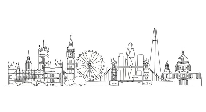 London Skyline Silhouette: Iconic Landmarks Sketch, Travel Landmark Vector