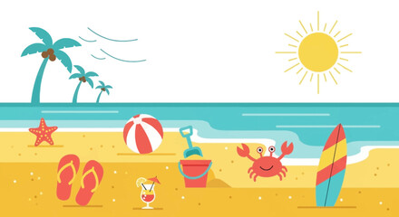 Obraz premium Tropical Beach Vacation Scene with Palm Trees, Crab, Surfboard, and Sunny Sky