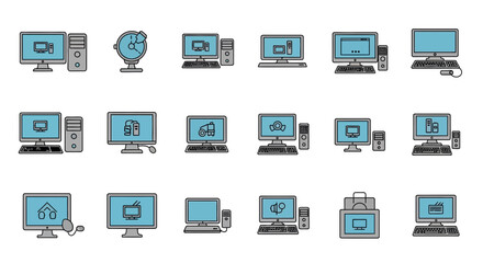 Fototapeta premium Computer Icons Set: Desktop PCs, Laptops, Monitors, and Peripherals for Technology Concepts