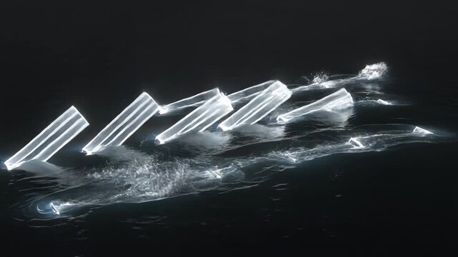 Geometric pillars light rising dark sea suddenly tilting collapsing surreal cinematic abstract destruction visual