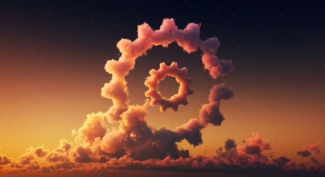 黄金色の夕焼けに染まる空に巨大な歯車の雲が浮かび超現実的な世界観を表現するアート. AI Generated