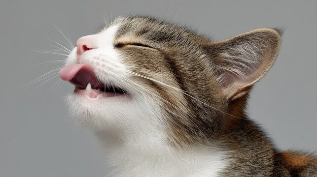 Playful Domestic Cat with Tongue Out in a Cute Expression, Capturing the Joy of Feline Playfulness and Adorable Whiskers on a Soft Gray Background