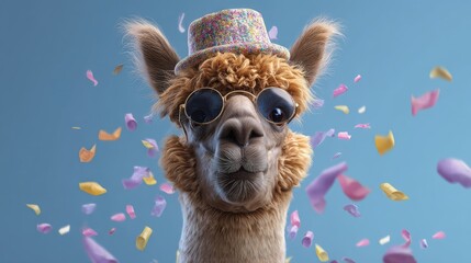 Fototapeta premium Cheerful llama wearing sunglasses and a colorful party hat with confetti floating around in a vibrant background celebrating a joyful occasion