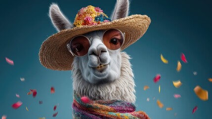 Obraz premium Playful Llama in Straw Hat and Sunglasses Surrounded by Colorful Confetti, Captivating Portrait of a Festive and Cheerful Animal on Blue Background