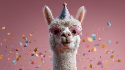 Fototapeta premium Playful Alpaca Celebrating with Party Hat and Sunglasses Surrounded by Colorful Confetti against a Soft Pink Background