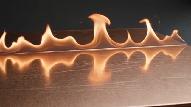 Rolling flame sheet across brushed copper opulent metallic reflections cinematic luxury fire visual scene