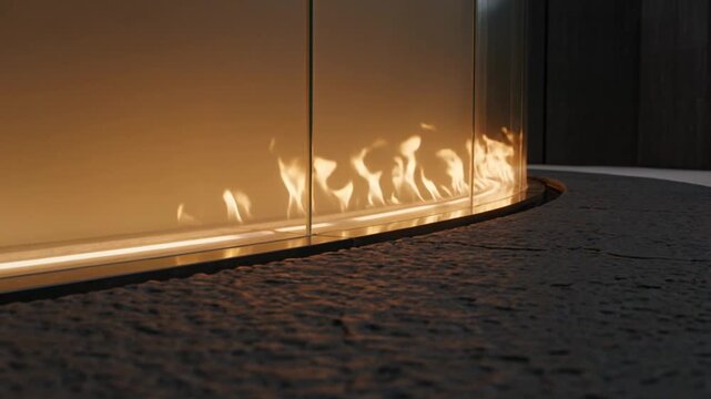 Curved wall fire rising behind textured black stone modern luxury spa ambiance cinematic warm atmosphere