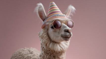 Fototapeta premium Playful llama wearing colorful party hat and stylish sunglasses against a soft pink background, bringing joy and fun to any festive occasion.