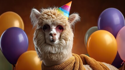 Fototapeta premium Playful Alpaca Celebrating Birthday with Colorful Balloons and Party Hat, Exuding Cheerful and Festive Vibes in a Fun Party Atmosphere
