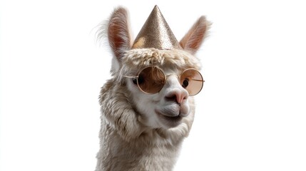 Fototapeta premium Cheerful llama wearing a party hat and sunglasses with a playful expression, perfect for festive and whimsical themes in photography and design