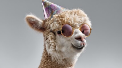Fototapeta premium Cheerful llama wearing party hat and stylish sunglasses exuding a fun and festive vibe perfect for celebrations and joyful occasions in playful atmosphere